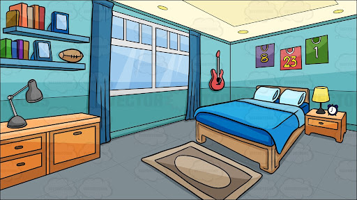 bedroom clipart A bedroom with light blue walls, white window, blue curtains, wooden desk and shelves, gray lamp, blue bed with white pillows, basketball frames, gray carpet, book shelves with books and a red guitar hanging on the wall